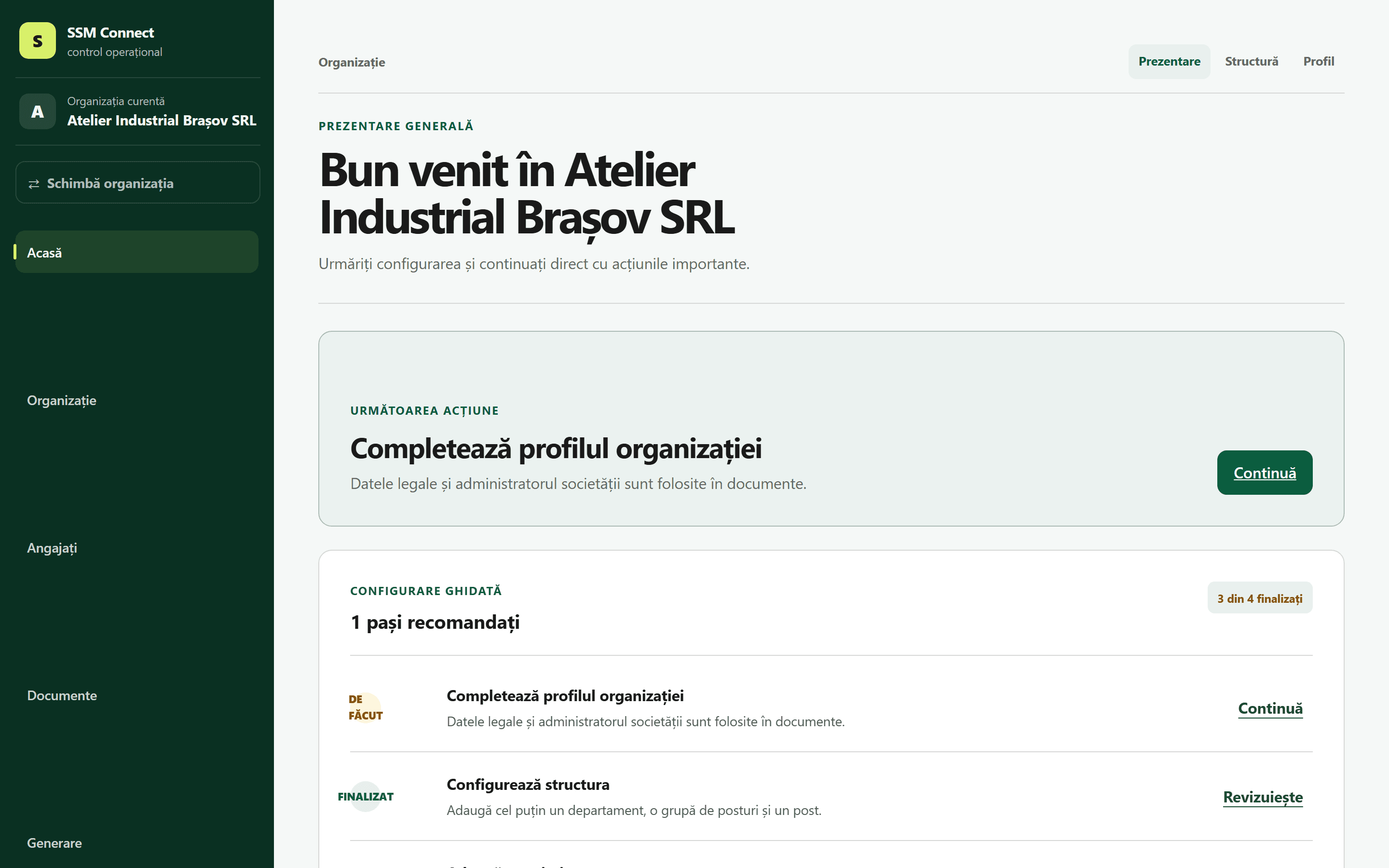 Panoul Acasă din aplicația SSM Connect, cu indicatori și lista de configurare