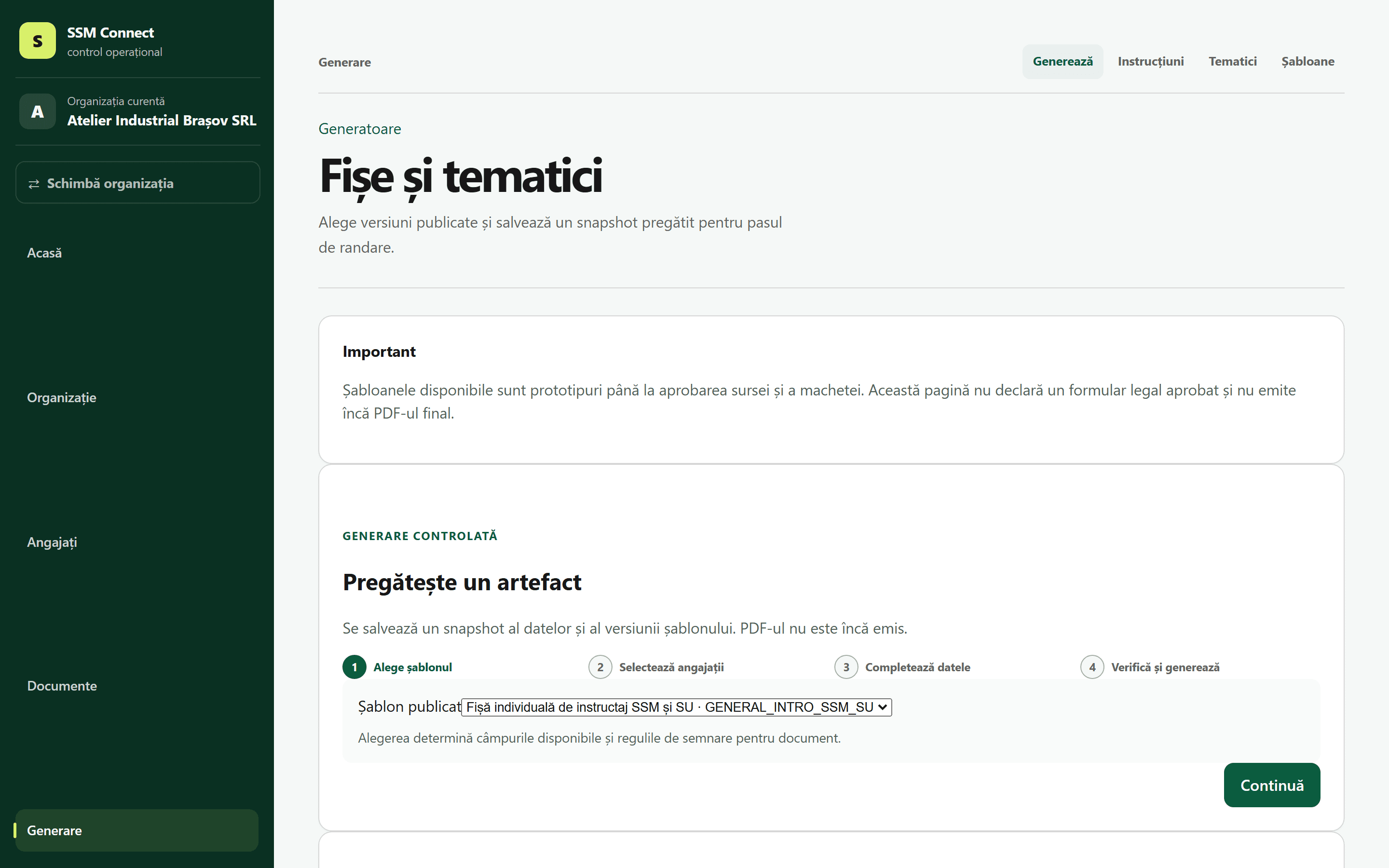 Generatorul de fișe și tematici din SSM Connect, cu pașii de pregătire a unui artefact