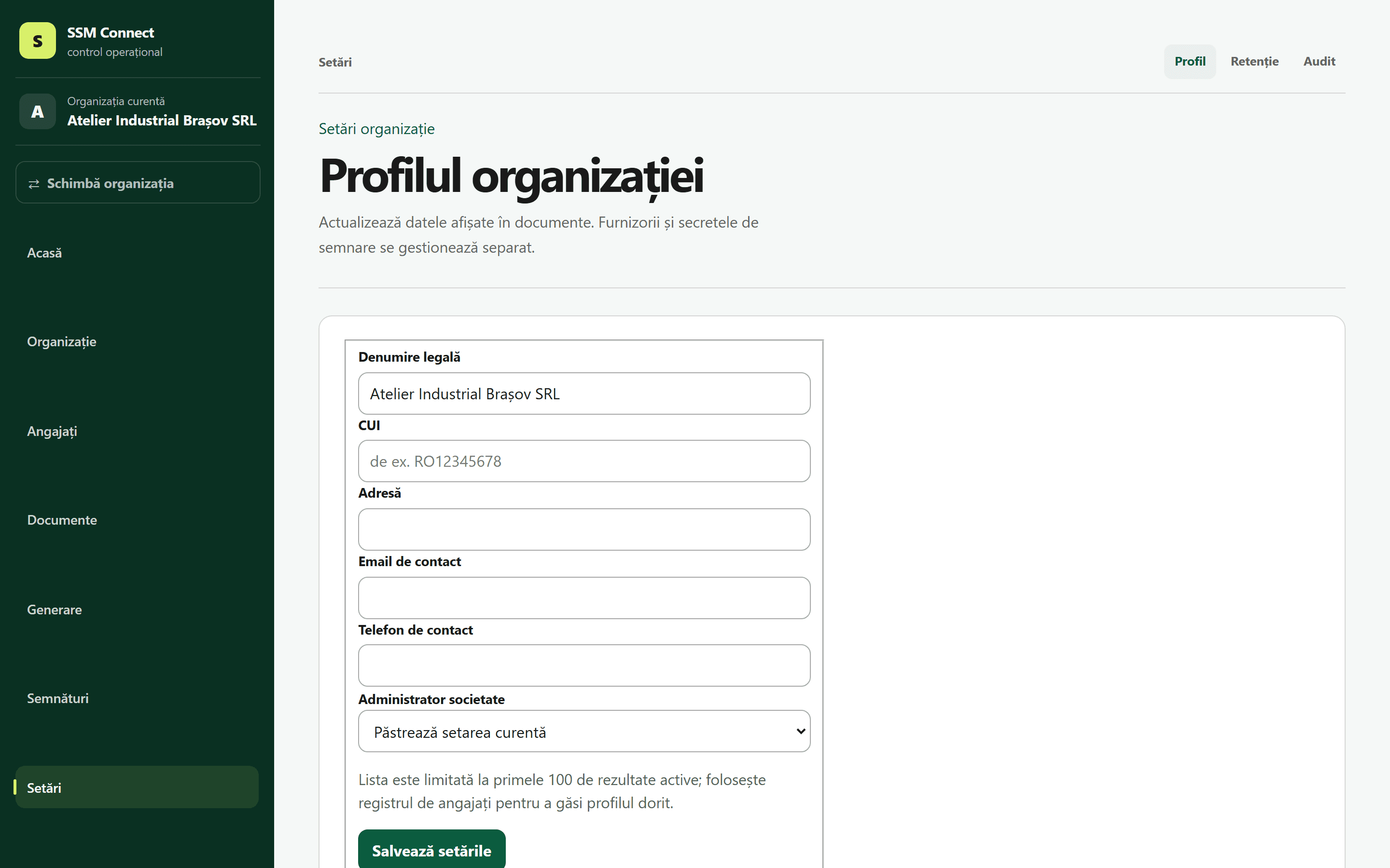 Pagina organizației din SSM Connect, cu profilul și structura firmei