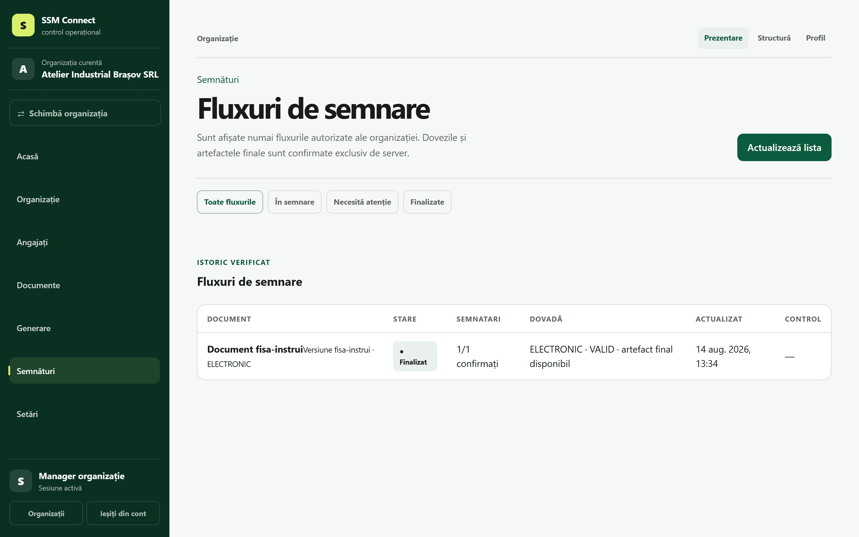 Lista fluxurilor de semnare din SSM Connect